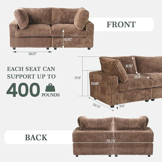 Modular Sectional Sofa, 78.74" Oversized Loveseat Sofa, Deep Seat Cloud Couch, 2 Seat Comfy Couches for Living Room, Plush Couch Cushion Covers Removable, Brown