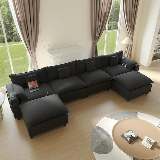 Cloud Couch, Modular Sectional Sofa with Ottoman, Charging Station, Throw Pillows, Cup Holders, Modern Convertible L Shaped Couches for Living Room, Bedroom (Classic Black, 152"- U Shape)