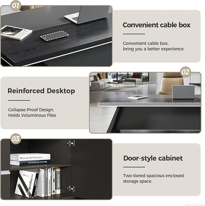 Modern L Shape Executive Desk with Storage Drawers – Large Black Corner Office Desk for Home Workspace, Spacious Executive Desk with Cabinets (Black/Left, 79" L * 63" W * 30" H)