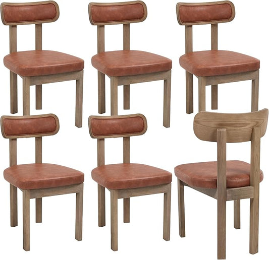 Brown Dining Chairs Set of 6, Mid Century Modern Leather Dining Room Chairs with Curved Back, Armless Kitchen Chairs for Living Room/Restaurant/Balcony/Bedroom/Home Desk/Task