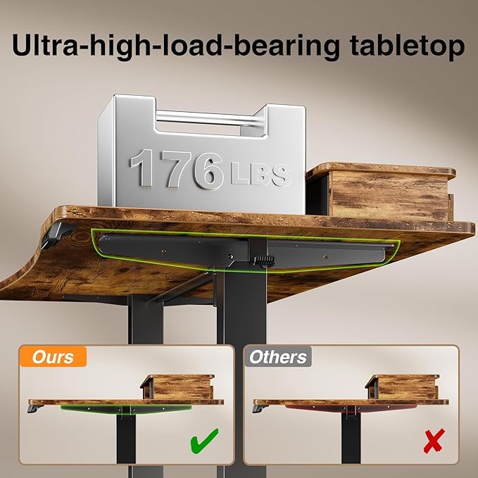 Veken 63"×27.6" Adjustable Standing Desk with Drawers, Ergonomic Computer Desk with Monitor Shelf, Home Office Desk for Work, Study, Gaming, Writing, Brown