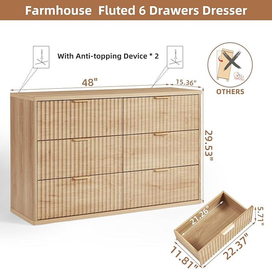 LEYAOYAO Fluted 6 Drawers Dresser, 48" Wide Modern Chest of Drawers with Woodgrain Top, Curved Profile Design, Dresser TV Stand, Wood Drawer Organizer for Bedroom, Living Room, Hallway,Wood
