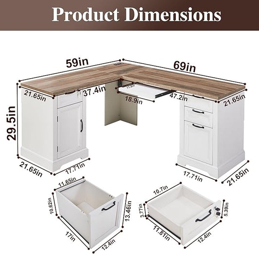 L-Shaped Executive Desk with Keyboard Tray, 69” Farmhouse Corner Desk with Lockable Drawers, Adjustable File Cabinet & Built-in Charging Station, Rustic Home Office Desk (69")