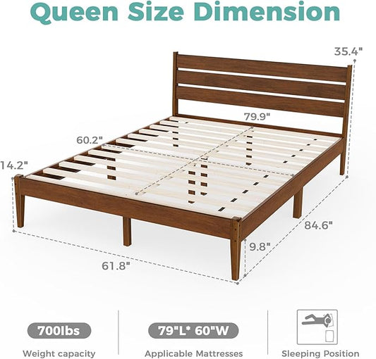 Queen Size Bed Frame, Malaysian Oak Bed Frame with Ladder Headboard, Solid Wood Bed Frames with Elevated Bed Legs, No Box Spring Needed, Noise-Free, Queen Size, Antique Espresso