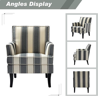 HULALA HOME Living Room Armchair Farmhouse Striped Accent Reading Chair with Wooden Legs & High Back Rest & Padded Armrest & Nail Head Trim for Lounge/Bedroom, Striped Black