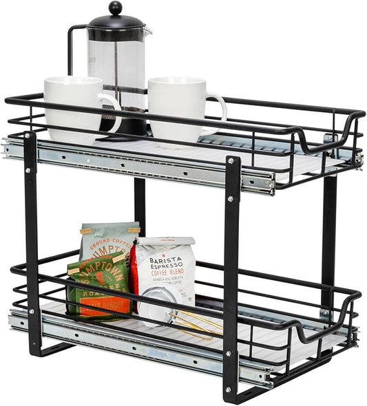 Household Essentials Glidez Multipurpose Paint-Finished Steel Pull-Out/Slide-Out Storage Organizer with Plastic Liners for Under Cabinet Use - 2-Tier Dual-Slide Design, Black