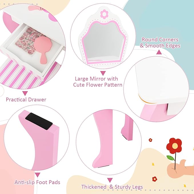 HONEY JOY Kids Vanity, Toddler Makeup Table with Mirror and Stool, Wooden Pretend Play Vanity for Little Girls, Detachable Mirror and Storage Drawer, Kids Vanity Table and Chair Set (Pink)