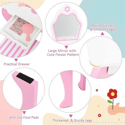 HONEY JOY Kids Vanity, Toddler Makeup Table with Mirror and Stool, Wooden Pretend Play Vanity for Little Girls, Detachable Mirror and Storage Drawer, Kids Vanity Table and Chair Set (Pink)