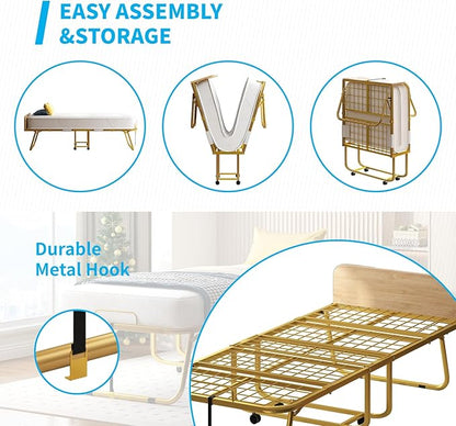 Mjkone Folding Bed with 5" Memory Foam Mattress & Upgraded 75x45 Frame Single Portable Guest Bed, Space-Saving Design, Lockable Wheels for Easy Moving, Quick Assembly & Compact Storage-Gold
