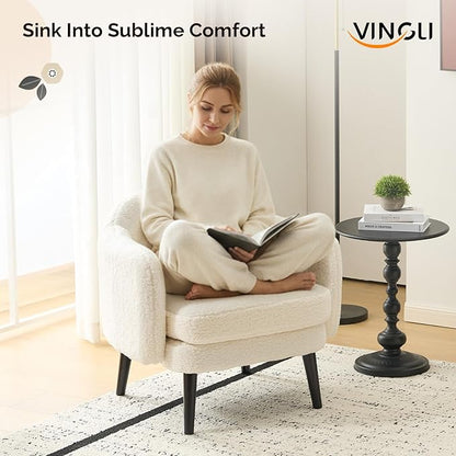 VINGLI 30.3" Wide Modern Barrel Accent Armchair with Track Armrest, Solid Wooden Legs, Comfy Upholstered Club Chair, Round Single Home Sofa for Living Room, Bedroom, Reading Room, Teddy Fleece White