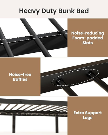 Full Over Full Metal Bunk Bed for Adults & Kids, Convertible to 2 Separate Full Size Beds, Heavy Duty Bunk Bed Frame with Full-length Guardrail & EVA Padded Ladder, No Box Spring Needed, Black