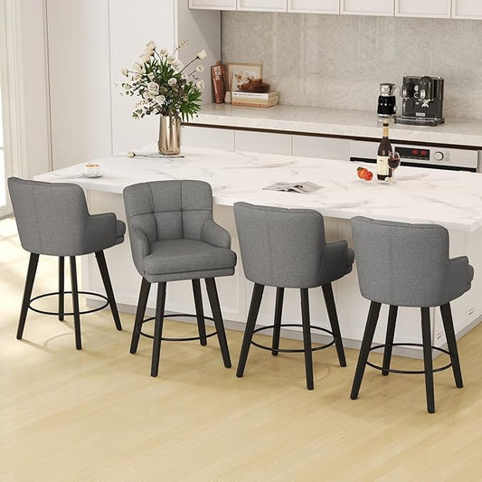 360°Swivel Counter Height Bar Stools with Back, 26 inch Solid Wood Legs, Bar Stool Modern Kitchen Island Chairs, Fabric (Mid-Grey- Fabric, 26" H- Set of 4)
