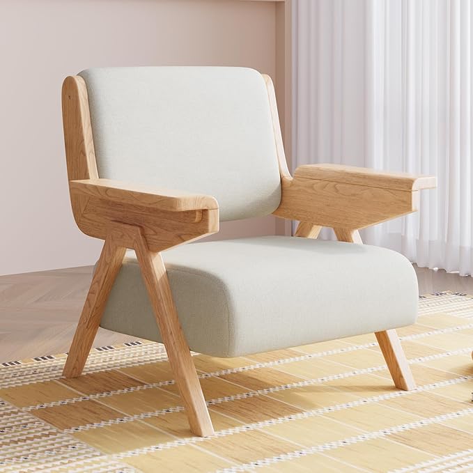 Mid Century Modern Accent Chair Set of 2, Fabric Upholstered Lounge Arm Chairs with Solid Wood Frame for Living Room, Bedroom, Office, Reading Corner(White)