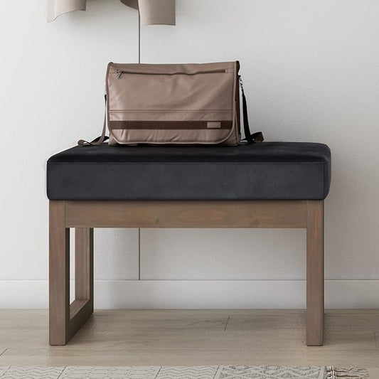 SIMPLIHOME Milltown 27 inch Wide Contemporary Rectangle Footstool Ottoman Bench in Distressed Black Vegan Faux Leather, Assembled, For the Living Room and Bedroom