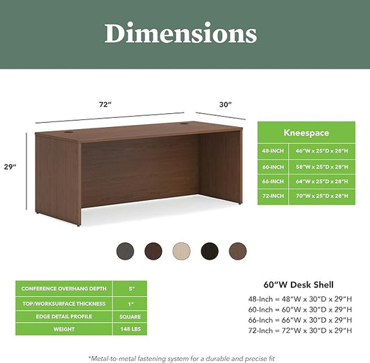 HON MOD Executive Desk 72-Inch Large Computer Desk Shell, Thick Wooden Laminate, Modern Table with Cord Management, 72" W x 30" D x 29" H, Walnut