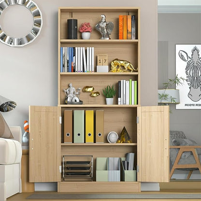75" Tall Bookcase with Doors, 5 Tier Large Bookshelf with Cabinet, Standing Wood Display Book Shelf for Living Room, Office, Library with Doors, Oak