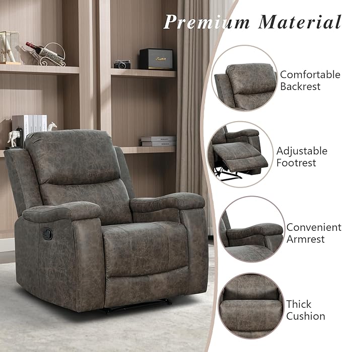 EBELLO Grey Recliner Chair, Single Overstuffed Sofa Recliners, Breathable Faux Leather Manual Reclining Chairs with Hidden Cup Holder, Arm and Back for Adults, Living Room, Bedroom, Grey