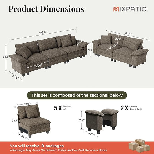 L-Shaped Cloud Modular Sofa Set, Deep Seat 2-Piece 5-Seater Sectional Couch & Removable Arms, Plush Chenille for Living Room - Smoky Gray