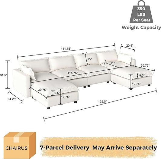 chairus 126" Modular Sectional Sofa with 2 Moveable Ottoman Upholstered Deep Seat Linen Couch Set with Soft Pillows U Shaped Sofa Couch for Living Room, Apartment, Reception Room, 4-Seater/White