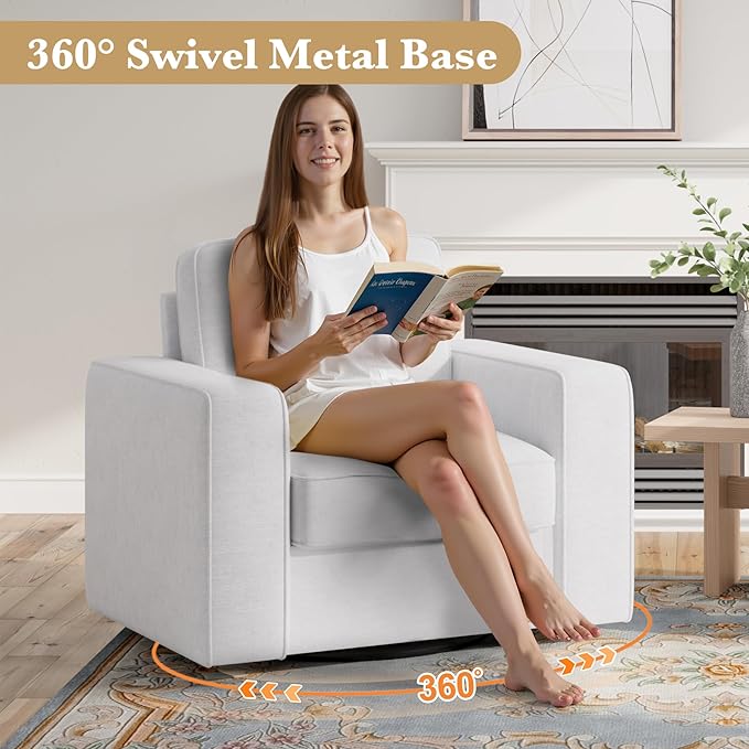 Swivel Accent Sofa Chair Set of 2, 360 Degree Rotation 36'' Width Oversized Thick Cusion Armchair Linen Fabric Single Padding Soft Living Room, Office White