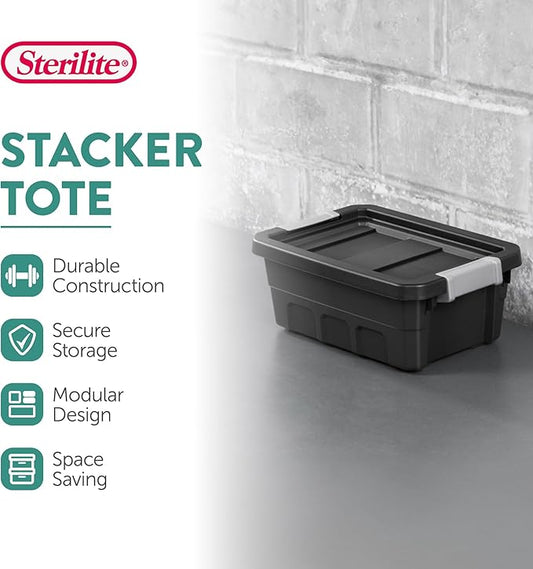 Sterilite 12-Pack Plastic Storage Bins with Lids, Stackable Containers, 4 Gallon, Black