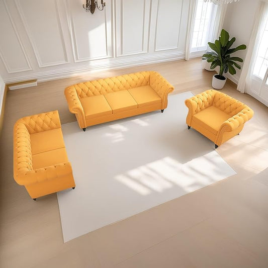 Velvet Sofa Couches Set, 3-Piece Mid Century Modern Upholstered Couch with Cushions, Home Sofa Sectional Furniture Sets, Comfy Tufted Chesterfield Couches for Living Room, Bedroom, Office