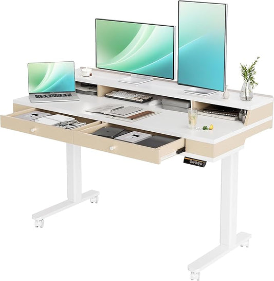 Claiks Electric Adjustable Standing Desk with Drawers, Sit Stand Up Desk with Storage Shelves & Wheels, 55 Inch White