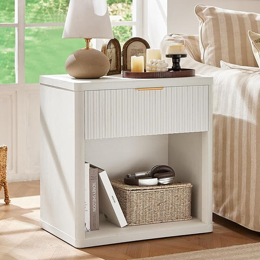 LEYAOYAO Fluted Farmhouse Nightstand Set of 2 with Charging Station, 23" Wide 1 Drawers End Table,White Dresser for Bedroom,Bed Side Table Chest of Drawers Cabinet,Wood Night Stand for Living Room