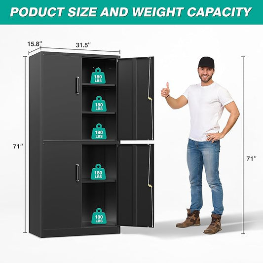 Metal Storage Cabinet with 3 Adjustable Shelves,Garage Storage Cabinet with Lock,Black Metal Cabinet with Locking Doors,Steel Cabinets 4 Doors,71" Lockable Storage Cabinets for Garage,Home,Office