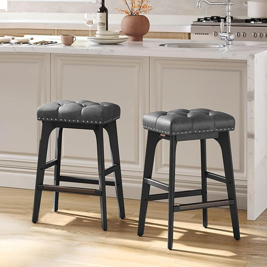 VASAGLE Bar Stools Set of 2, Saddle Counter Height Bar Stools, 26-Inch Backless Kitchen Stools with Wood Legs, PU Leather Thickened Upholstered Barstools for Kitchen Island Dining Room, Ink Black