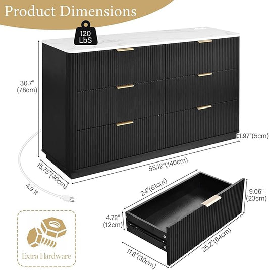 Fluted 6 Drawers Dresser with Charging Station, 55" Wide Modern Chest of Drawers with Faux Marble Top, Wooden Dresser TV Stand, Wood Drawer Organizer for Bedroom, Living Room, Hallway, Black