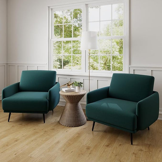 Oversized Accent Chair for Living Room Chairs Reading Arm Chair Comfy Modern Single Sofa Side Chairs with Metal Legs & Soft Cushion for Bedroom, Waiting Room (Velvet Dark Green, Set of 2)