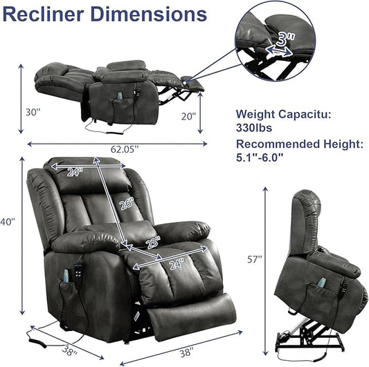 MAEVIS Large Genuine Leather Power Lift Recliner Chair, Dual Motor Recliner for Elderly,Extended Footrest and Lumbar Pillow for Tall Man,with Heat and Massage, USB and Type-C Ports(Silver Gray)
