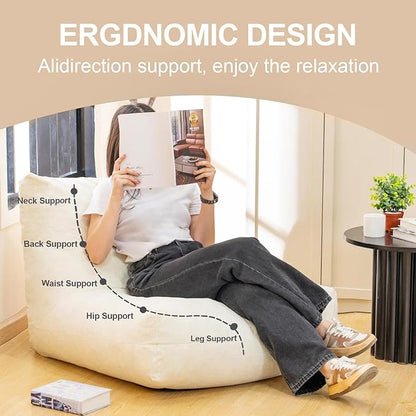 Bean Bag Chairs for Adults, Memory Foam Bean Bag Chair, Ergonomic Support Reading Floor Sofa Chair with Filler, Comfy Cozy Beanbag Couch for Bedroom Living Room （Beige Upgrade Sponge）