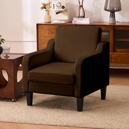 Accent Chair for Living Room, Modern Velvet Living Room Chairs with Wide Backrest, Upholstered Comfy Chair with Cushion, Oversized Sofa Chair with Wood Legs, Single Armchair, Brown