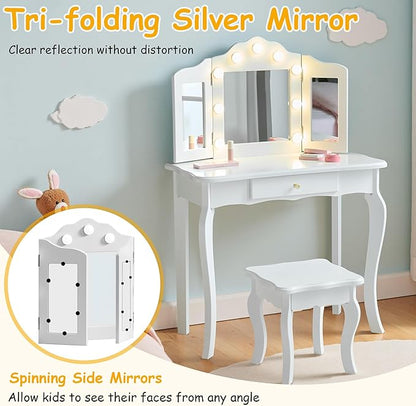 Kids Vanity, Little Girls Vanity Set with Stool and Light, 2 in 1 Wooden Kids Vanity Table and Chair Set, Princess Makeup Table with Drawer for Girls