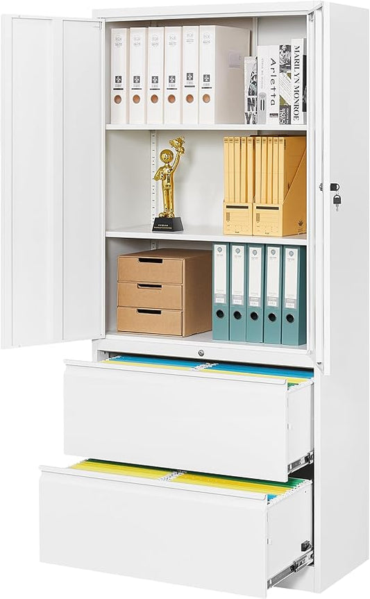 SISESOL Storage Cabinet Metal Display Cabinet with Glass Doors, 71in H x 31.5in W x 15.7in D, White, Kitchen Pantry Cabinet for Home Office, Bathroom, Bedroom, Living Room