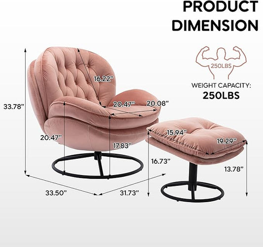 360° Swivel Modern Velvet Accent Chair with Ottoman | Mid-Century Button Tufted Lounge Chair for Living Room & Bedroom, Pink