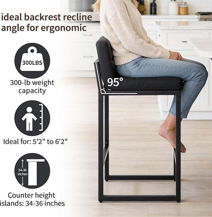 Bar Stools Set of 3, Upholstered Faux Leather Counter Height Barstools with Low Back and Thickened Metal Legs, Modern Bar Chairs for Kitchen Island, Bar, Counter (Black, 3Pcs 26" Bar Stools)