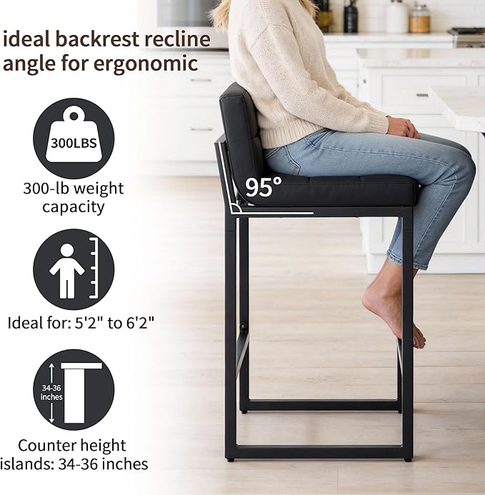 Bar Stools Set of 4, PU Leather Counter Height Barstools with Low Back and Thickened Metal Legs, 26 Inch Modern Island Chairs for Kitchen Island, Bar, Counter (Black, 4Pcs 26" Bar Stools)