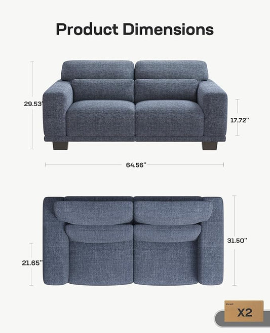 Marsail Modern 65 Inch Linen Fabric Sofa, 2-Seater Couch with Wide Armrests, Deep Cushions & Removable Washable Covers, Comfortable Living Room Furniture, Blue