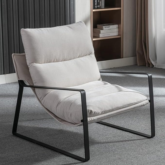 Mid-Century Accent Chair, Comfy Side Chair with Armrest Chenille Fabric, Upholstered Leisure Chair with Black Metal Frame for Living Room Bedroom Reception Room, White