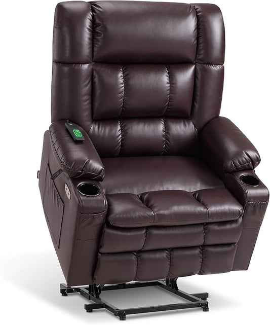 MCombo Dual Motor Power Lift Recliner Chair for Elderly, Lay Flat Lift Chair with Heat and Massage, Oversized Lift Recliner for Big and Tall, Faux Leather R7891 (Dark Brown, Oversized)