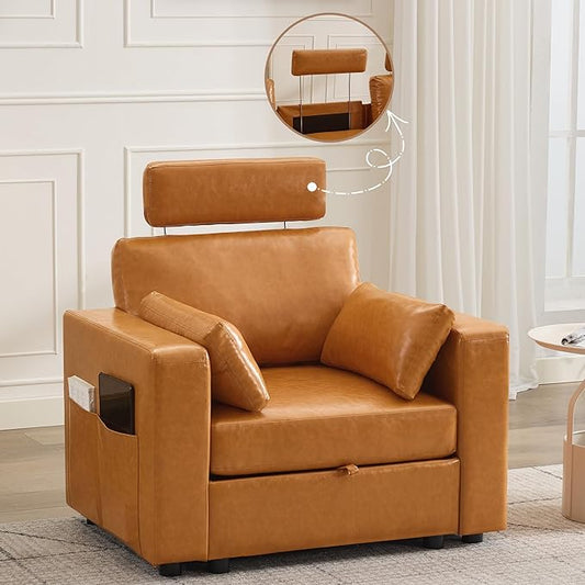 41.1" Accent Sofa Chair with Storage, Faux Leather Living Room Chairs with Headrest and Side Pockets, Mid Century Modern Arm Chair, Upholstered Comfy Single Couch Reading Club Chairs, Brown