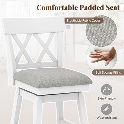 COSTWAY Bar Stool Set of 2 for Kitchen Island, 26" Counter Height Chair with Ergonomic Backrest, Foot Rest, Padded Seat & Solid Wood Structure, 360°Swivel Farmhouse Barstool with Back