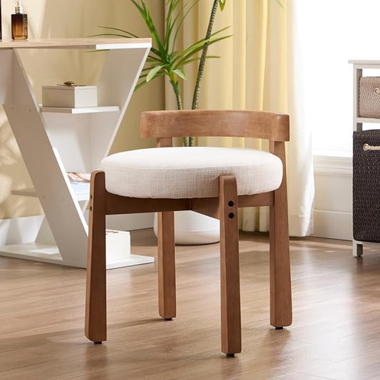 Modern Vanity Chair Upholstered Small Ottoman Footstool, Make Up Stool Linen Fabric with Backrest Wooden Frame for Living Room Bedrooms, 1PC, Beige