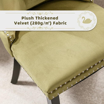 Velvet Upholstered Dining Chairs Set of 2, Modern Style Kitchen Side Chairs with Nailhead Trim and Wood Legs,Metal Pulling Ring for Dining Room Living Room(Olive Green,Set of 2)