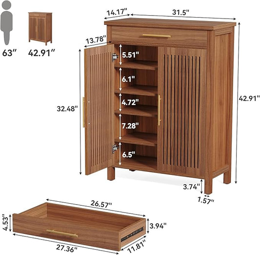 LITTLE TREE Narrow Storage Shoe Rack, 6-Tier Wooden Shoe Cabinet with Drawer, Freestanding Slim Shoe Cabinet Shoe Organizer for Entryway, Hallway, Closet, Bedroom, Living Room, Brown
