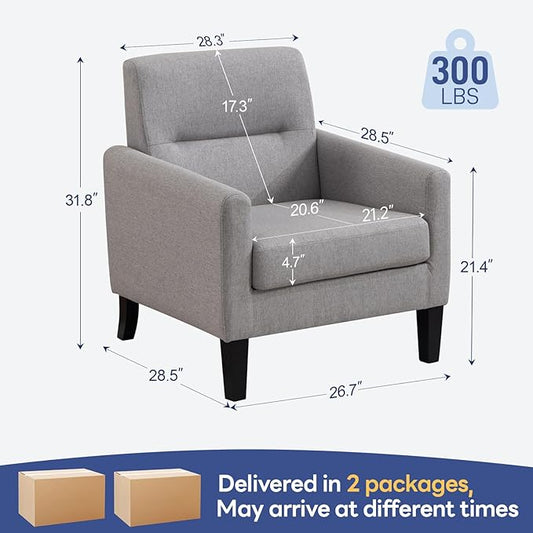 Accent Chairs Set of 2, Mid Century Modern Living Room Chairs Comfy Reading Chair with Upholstered Cushion Relax Armchair for Bedroom Apartment,Office, Light Grey