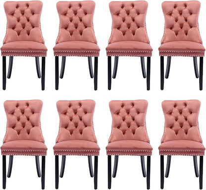 Velvet Upholstered Dining Chairs Set of 8, Modern Style Kitchen Side Chairs with Nailhead Trim and Wood Legs,Metal Pulling Ring for Dining Room Living Room(Pink)